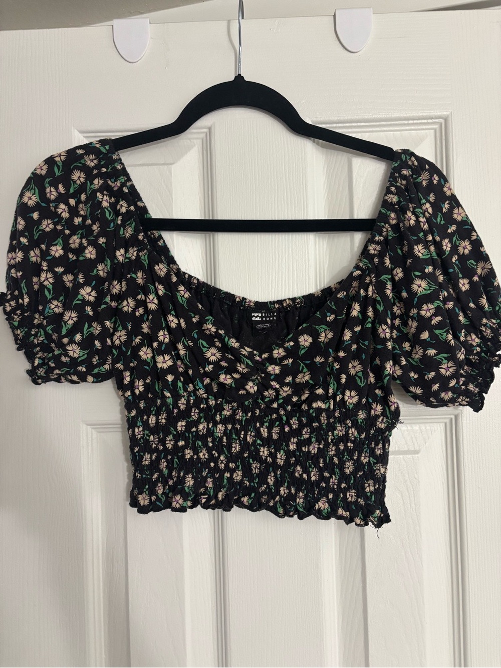 Billabong Black Floral Smocked Crop Top with Cream & Green Print